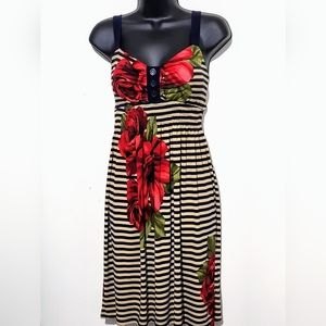 Enfocus Short Dress Striped Tan & Blue With Red Floral Design Size 10